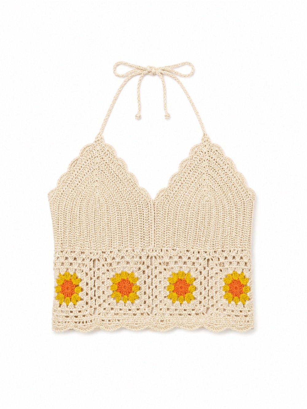 Aerie Crochet V-Neck Halter Tank Top - White with Yellow Floral Accents